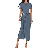 ZESICA Women's 2026 Summer Short Sleeve Bodycon Midi Dress Crewneck Ruched Split Wedding Guest Cocktail Wrap Dresses