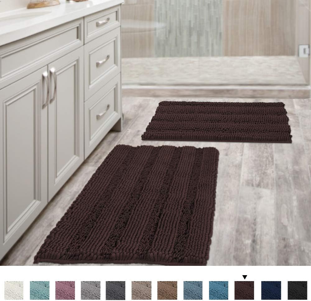 Amazon Com Extra Thick Chenille Striped Pattern Bath Rugs For Bathroom Non Slip Soft Plush Shaggy Bath Mats For Bathroom Floor Indoor Mats Rugs For Entryway Chocolate 32 X 20 Plus 24 X