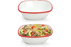 Elsjoy 2 Pack 8 Inch Square Enamel Bowl, 45 Oz Enamel Serving Bowl Large Enamel Salad Bowl, Vintage Red and White Enamelware 