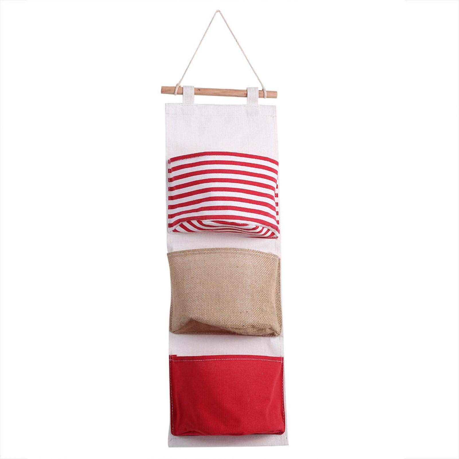 EVTSCAN Hanging Organizer, 3 Layer Linen Storage Bag Wardrobe Hanging Bag Wall Pouch Toys (Red)