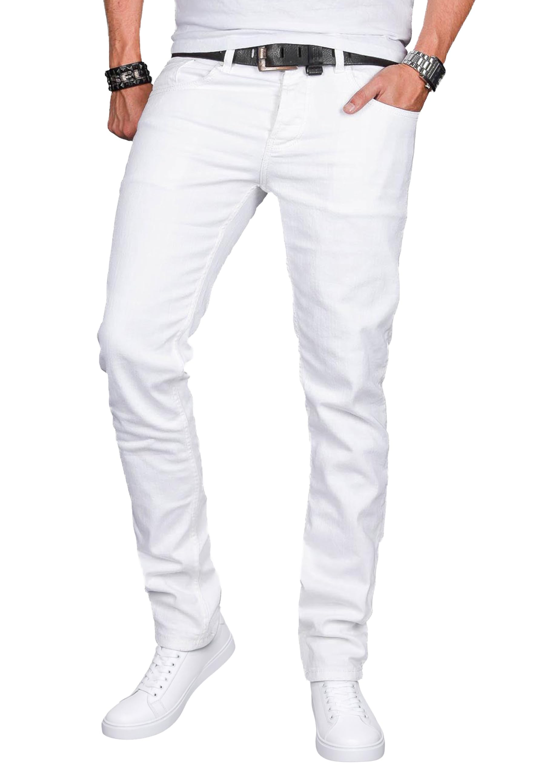 ALESSANDRO SALVARINI Herren Slim Fit Jeans Hose Denim Stretch-Jeans Jeanshose Washed [AS040 - Weiss - W34 L32]