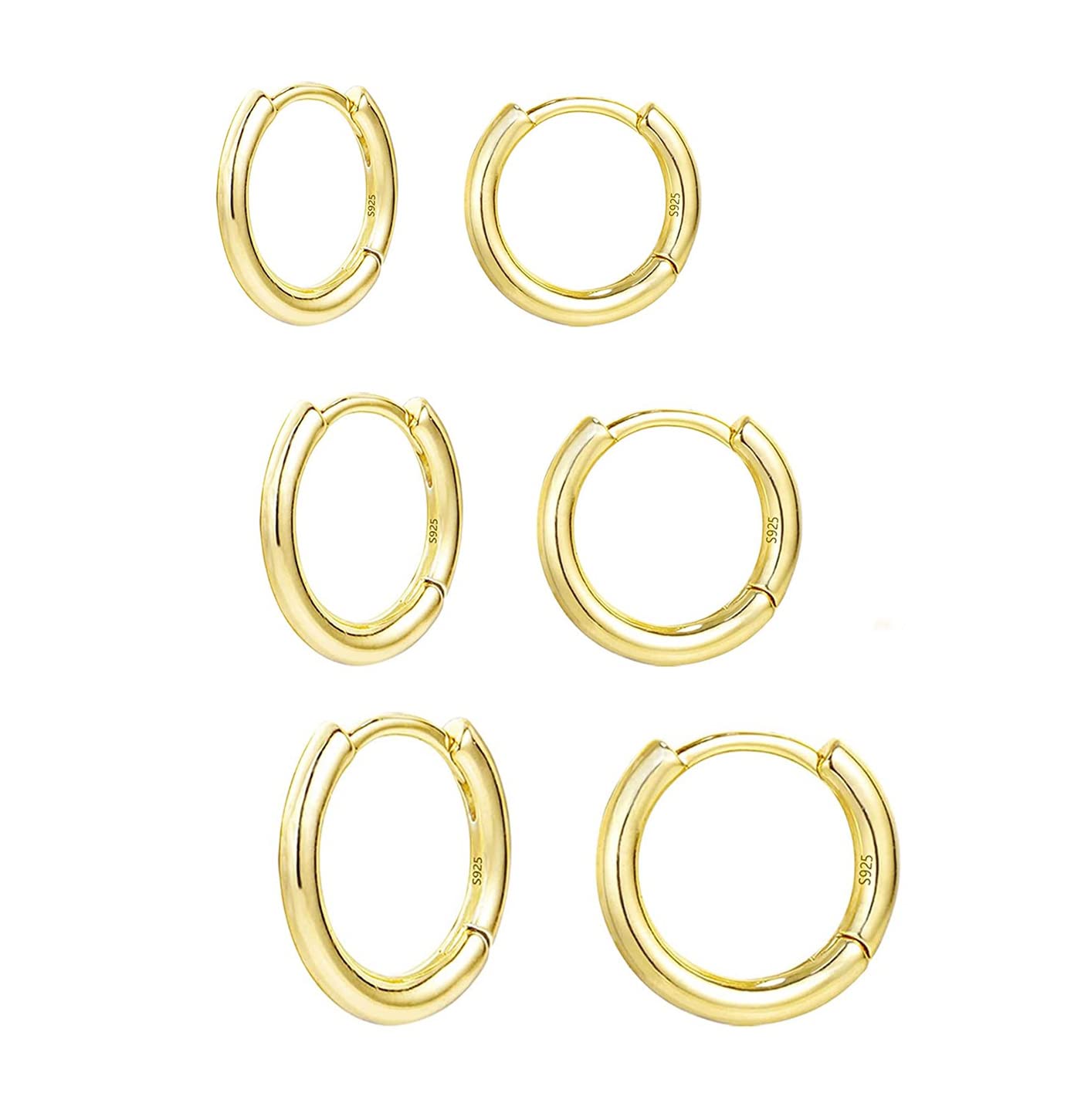 Baobei Elegant Classic gold plated 925 Sterling Silver Small huggie hoop earring Sets For Women Girls, birthday Gift 10,12,14mm (sets of 3 pairs)