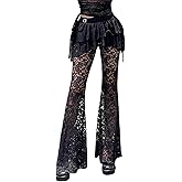 Instobig Rave Bell Bottom Pants Woman Goth Flare Sheer Mesh Lace Floral Graphic Lounge Punk Vintage