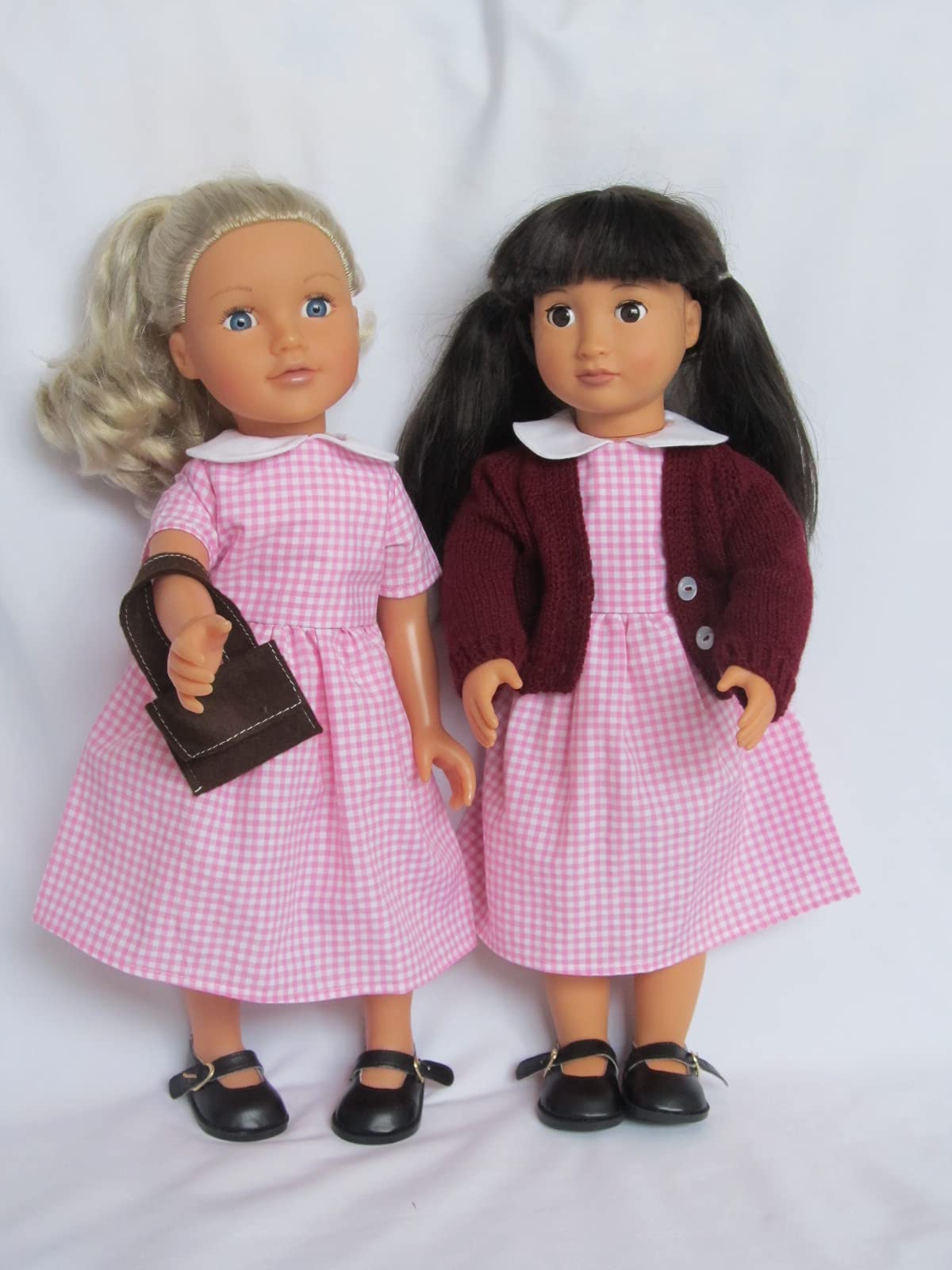 Pink gingham school dress with cardigan and shoes to fit 18" dolls like Designafriend; Our Generation