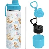 Uibunoo Bear Water Bottle for Son & Daughter, Stainless Steel Insulated Tumbler for Home with 2 Lids & Handle, Antislip Silicone Boot, 18oz Reusable Leak-Proof Bottle for Sports, 1 PCS