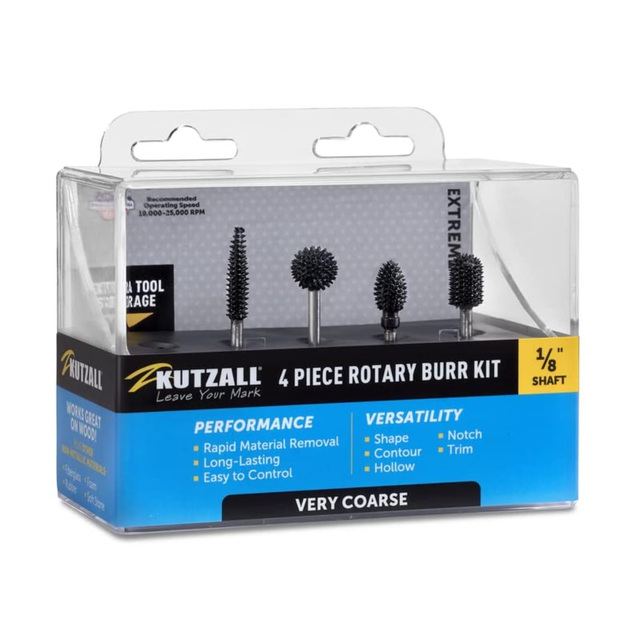 Kutzall 4-Piece Rotary Burr Kit - 1⁄8" Shaft, Very Coarse - Woodworking Attachment for Dremel, Foredom, Ryobi, Milwaukee Tools - Structured Tungsten Carbide (18XKIT01)