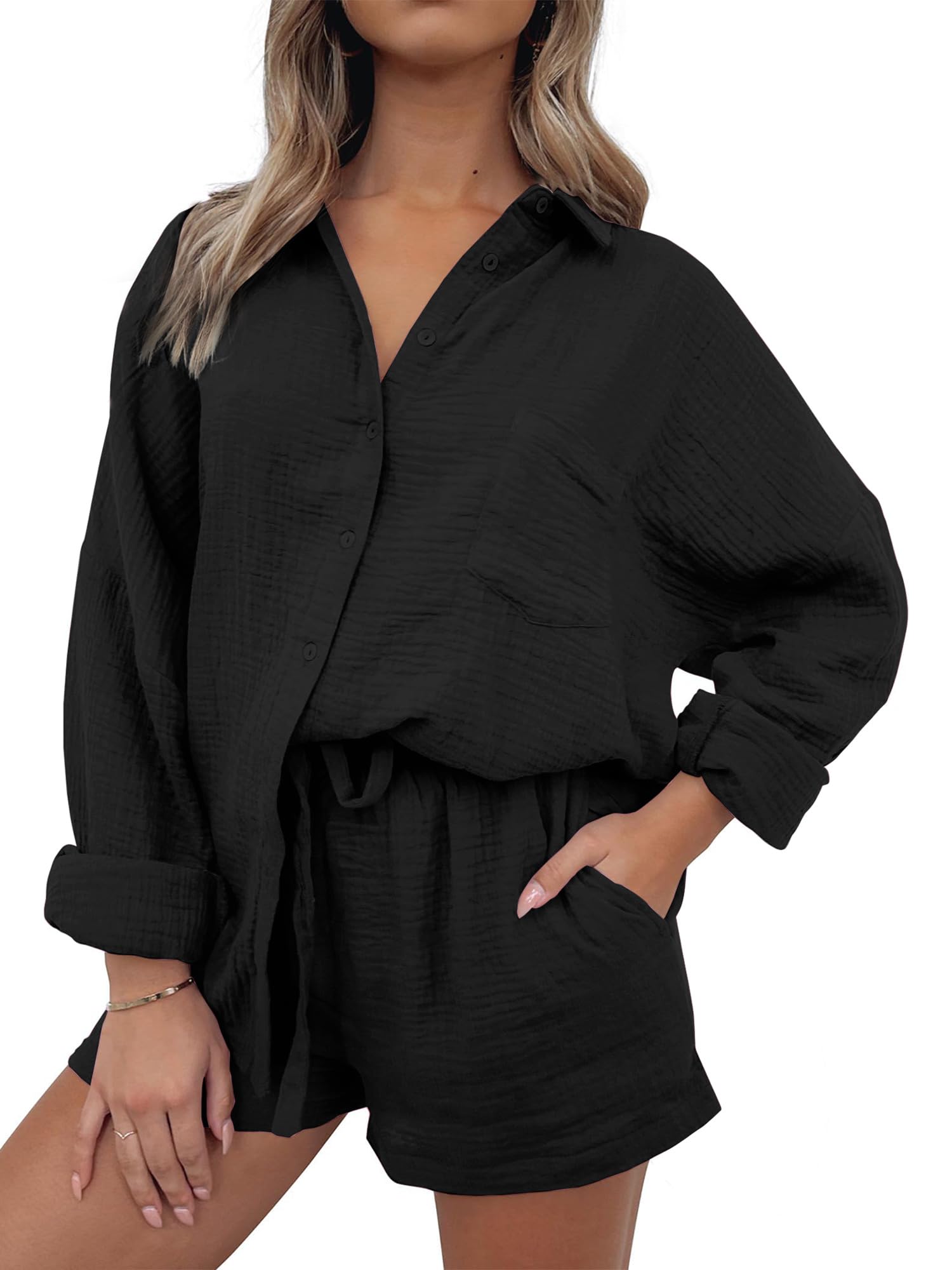 Photo 1 of ANRABESS Womens 2 Piece Outfits Long Sleeve Lounge Sets Linen Sets Button Down Oversized Shirts Matching Shorts Beach Sets Black Small