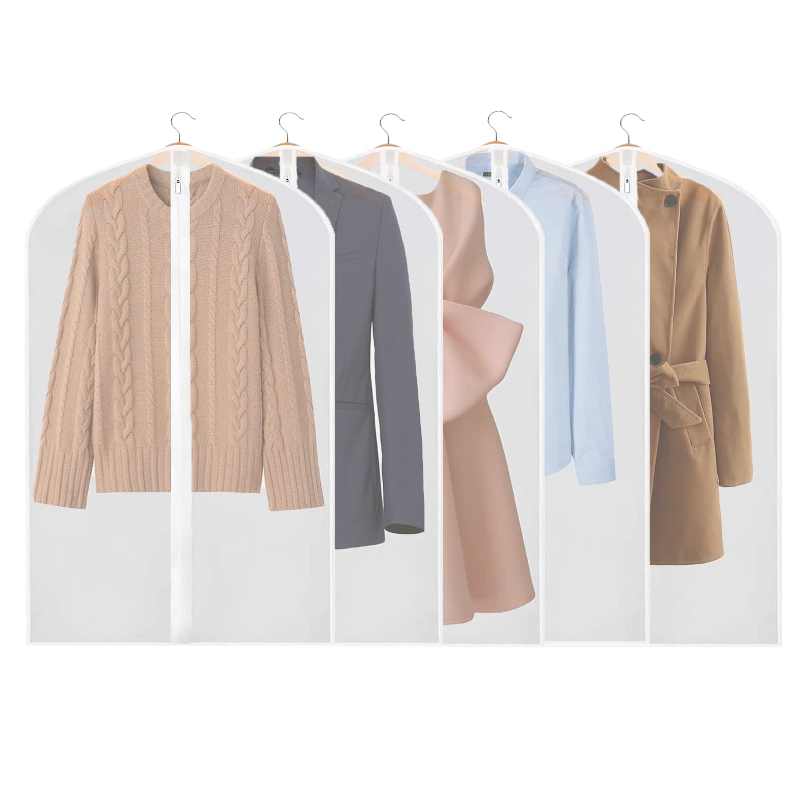 Garment Bags - Clothes Covers 5 Pcs Dustproof Suit Bag Covers, Waterproof Moth Proof Coat Bag with Zip, Translucent Dress Cover Anti-Mite Breathable Protector for Wardrobe Storage and Travel 60x100cm