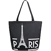 Chic Extra Large Shoulder Grocery Tote Bag, Stylish Eiffel Tower Paris Pattern Canvas Reusable Handle Bags for Men Women Gym Weekender Picnic Beach Travel Home Storage Market Shopping,Black White