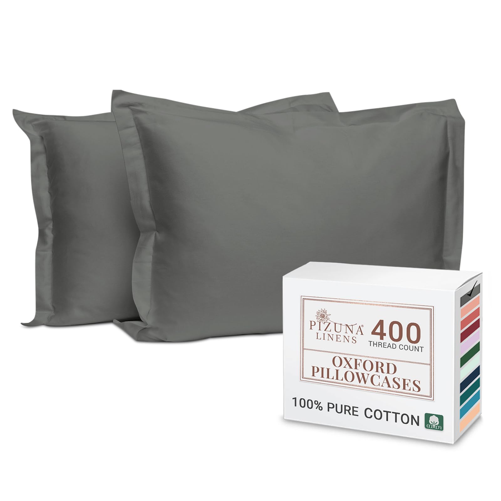 Pizuna 100% Cotton Long Pillow Cases 2 Pack 50x90cm King Size Pillow Covers Dark Grey, 400 Thread Count Long Staple Combed Cotton Pillowcases, Luxurious Soft Sateen Large Pillowcases 2 pack