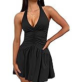 Uni Clau Women's Halter Deep V Neck Backless Ruched Dress Summer Bodycon Party Club Night Out Mini Dress