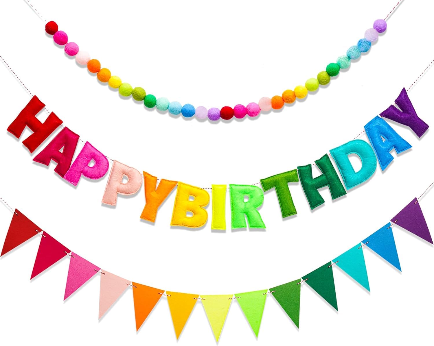 Danduolai Pre-Strung Happy Birthday Banner - Felt Ball Garland, Rainbow Birthday Decorations, Personalized Sign for Party Decor, Photo Prop (Red with Felt Ball Flags)