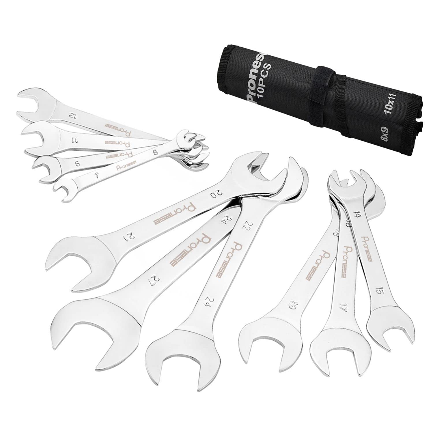 Pronese 10 Pack Super-Thin Open End Wrench Set,Carbon Steel with Mirror Polish,Metric,Including 6~27mm, Placed in A Rolling Pouch