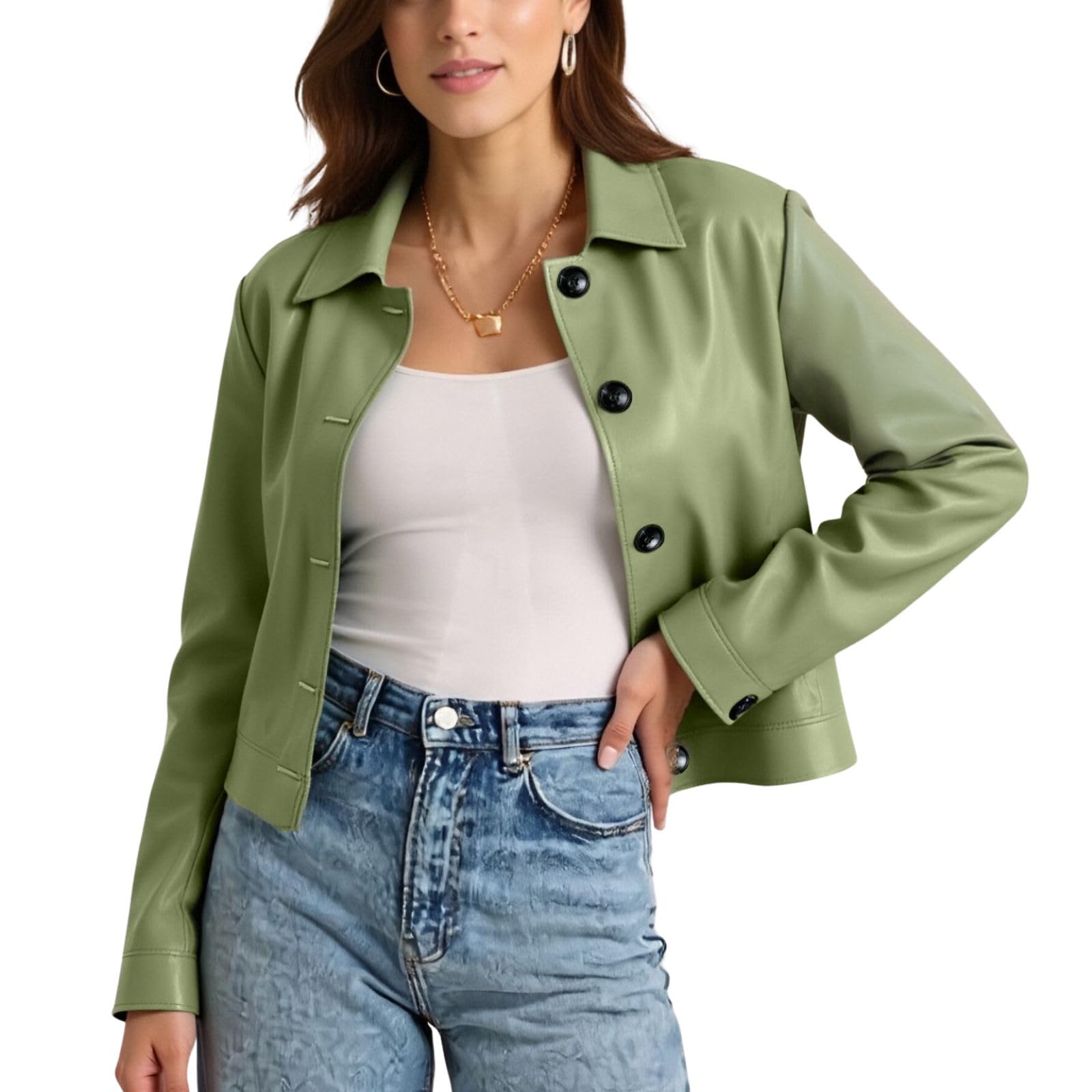 Photo 1 of Muzly Women's Faux Leather Cropped Jackets Casual Lightweight Fall Fashion 2025 Winter Coats Outerwear Trendy Clothes(Green,S)