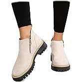 Forevercan Women'S Vintage Low Heel Casual Ankle Boots Fashion Pointed Toe Side Zipper Chunky Heels Platform Retro Leather Boots Comfort Non-Slip Slip On Flat Shoes Booties
