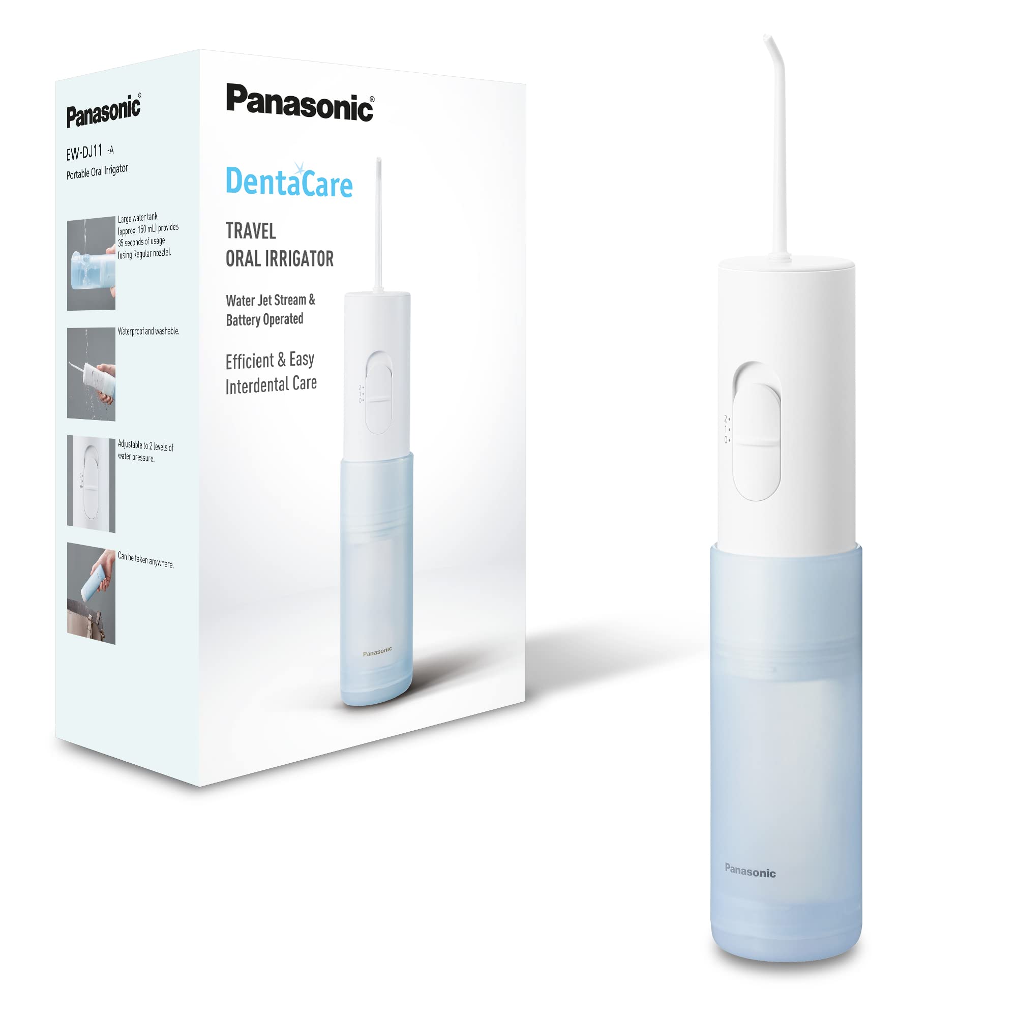 Panasonic EW-DJ11 Compact & Portable Water Flossers for Teeth Cordless, Battery Powered Oral Irrigator with 2 Level Pressures, Tooth Cleaner Nozzle,Travel use, Waterproof, White/Blue, Battery operated