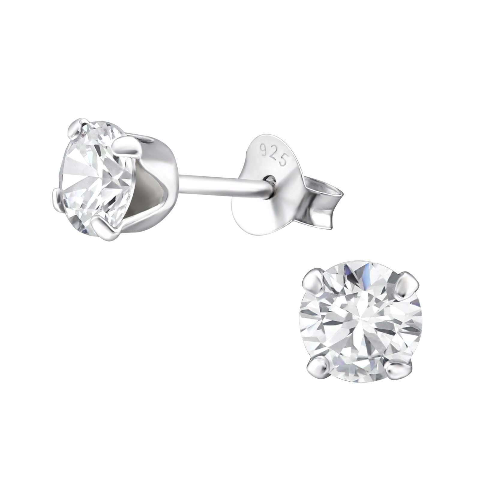 Round Crystal Stud Earrings with Cubic Zirconia Stones - 5mm - 925 Sterling Silver