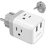 Schuko European Travel Plug Adapter, TESSAN France Germany Power Adapter with 2 USB 3 American Outlets, Type E/F Plug Adapter