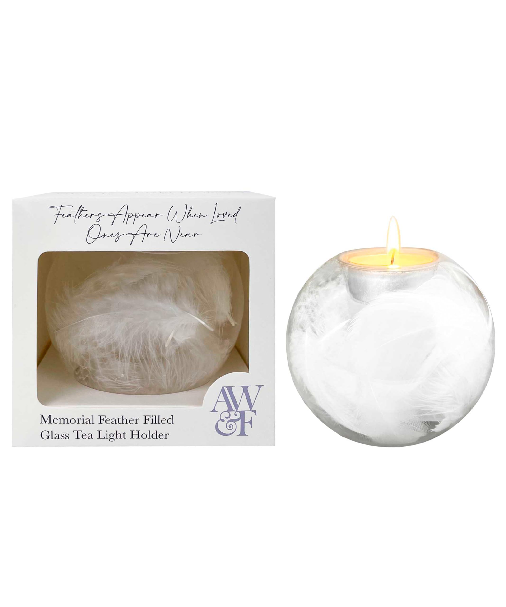 Glass Candle Holder with Soft Feather Filling – 10x10x9cm Tea Light Holder Sympathy Gift for Comforting Moments – Memorial Candle Keepsake & Remembrance Gifts – Angels Wings & Feathers
