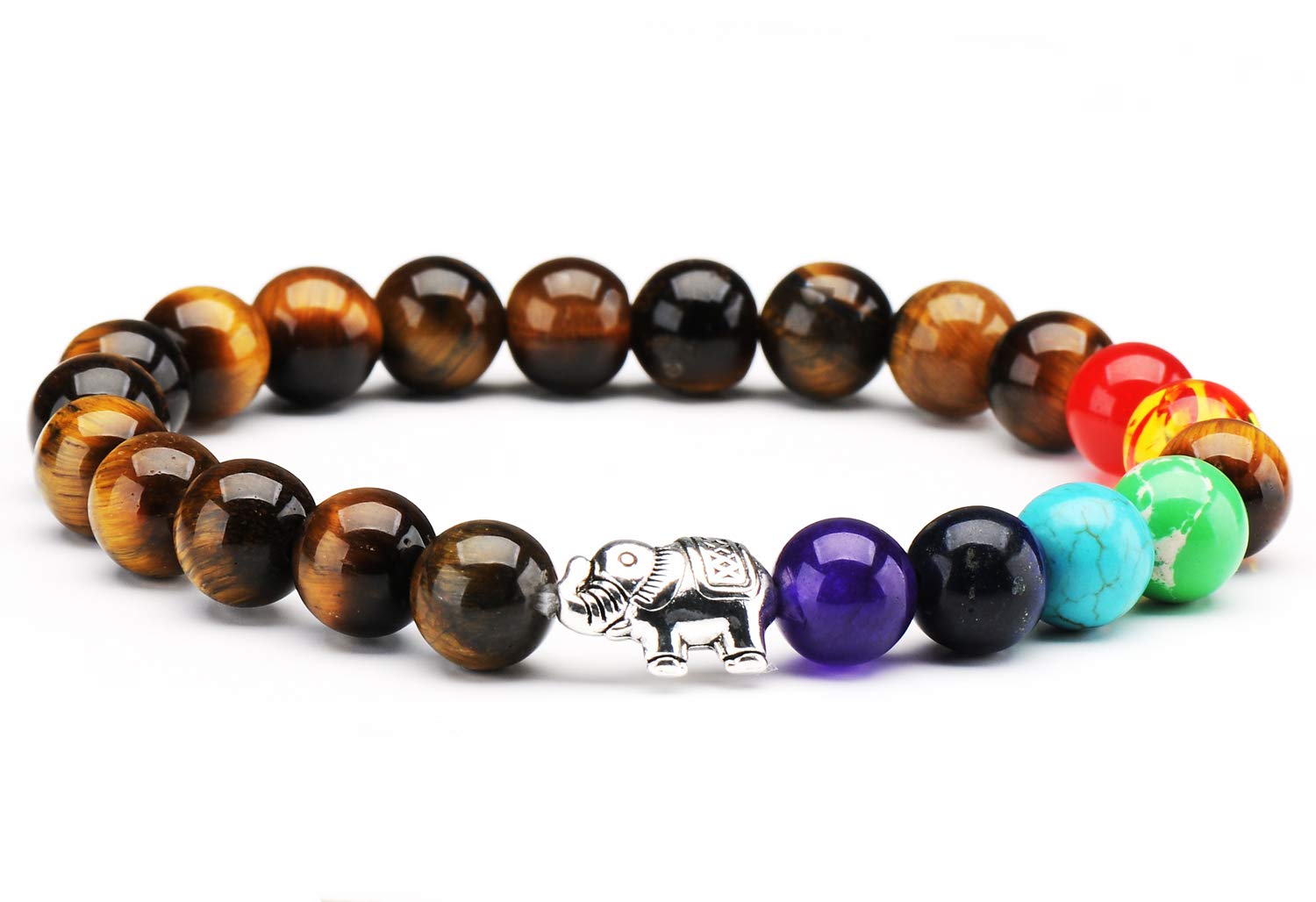 7 Chakra Bracelet, Natural Tiger Eye Stone Healing Gemstone Bracelet 8mm Semi Precious Stones Bracelet with Luck Elephant