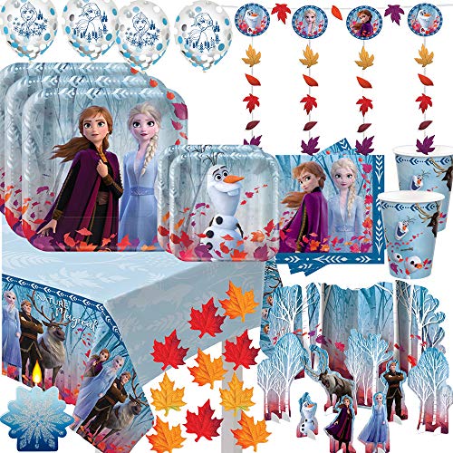 Mega Frozen 2 Birthday Party Supplies and Decoration Pack For 16 With Frozen 2 Dinner and Dessert Plates, Napkins, Cups, Tablecover, String Deco, Table Decoration Kit, Candle, Leaves, and Frozen Pin