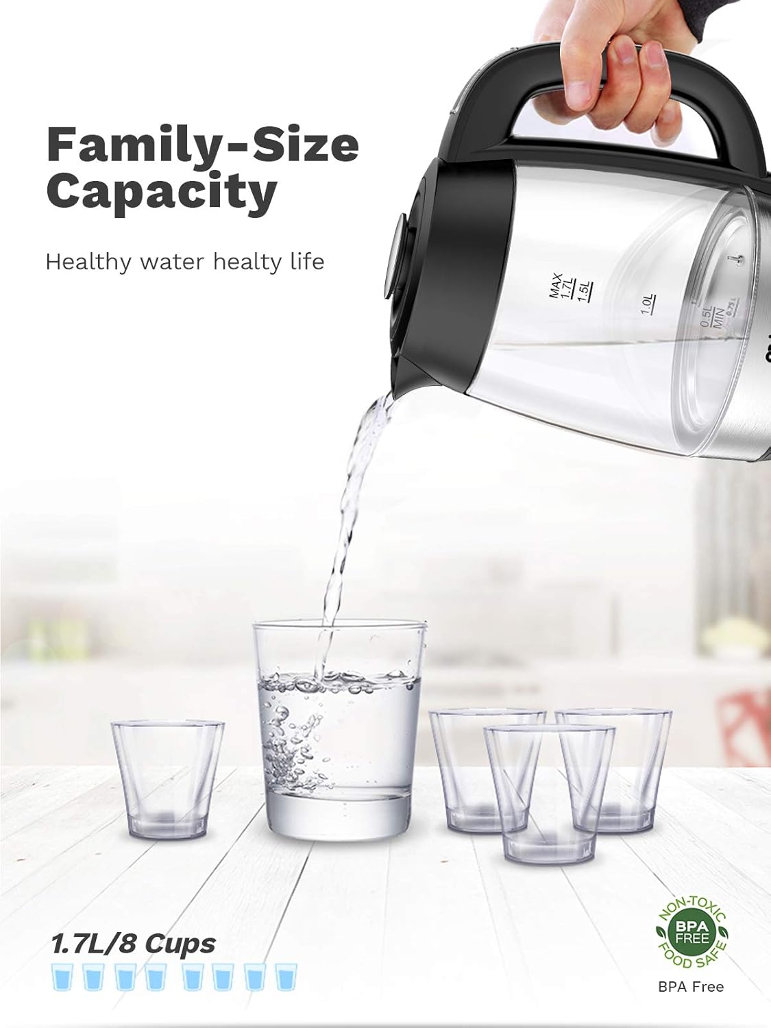 MILIN Electric Kettle, Hot Water Glass Kettle, 6 Level Temperature Control, 1.7L, Cordless with LED Indicator, 1500W, Auto Shut-Off and Boil-Dry Protection: Kitchen & Dining