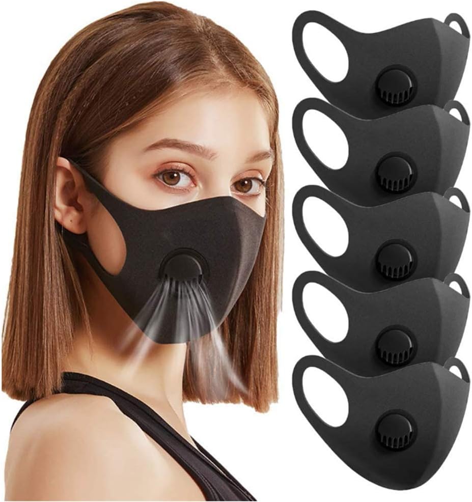 5pcs Reusable Washable Respirator JIDSFIE with Filters Breather Valve for Adults, Dustproof Máscara Windproof PM2.5 Foggy Haze Pollution Face Protection 口罩 (Black, 5)