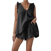 Mxiqqpltky Linen Pajamas Women Set Sleeveless Lace Trim Tank Top and Boxer Shorts Y2k Ruffle Matching Sets Lounge Beach Set
