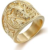 Fachoice Gold Retro Masonic Ring for Men Classic Freemason Symbol Band Ring, Masonic Floral Ring Stylish Mason Ring Men’s Vintage Masonic Compass Jewelry Rock Master Masonic Signet Ring
