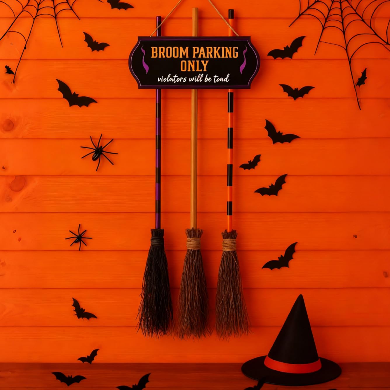 Photo 1 of Porch Halloween Decorations - Halloween Broom Parking Sign with 3 Wooden Witches Brooms Decor - Witches Decoration Sign for Home Indoor Outdoor Front Porch Wall Office