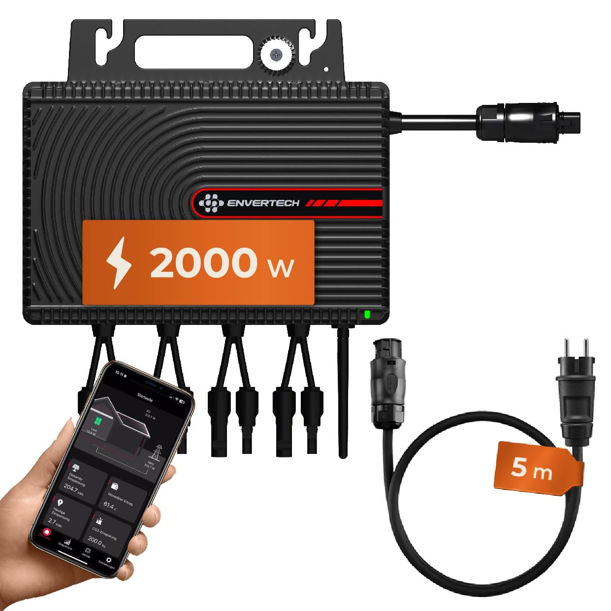 Solarway All In One Envertech Mikro-Wechselrichter 2000W Set inkl. 5M AC-Kabel & 8x2M DC-Kabel - für Balkonkraftwerk 800W-2000W für 4 PV Module - Black CASE - App & WiFi & Bluetooth (EVT-2000-SE) 9