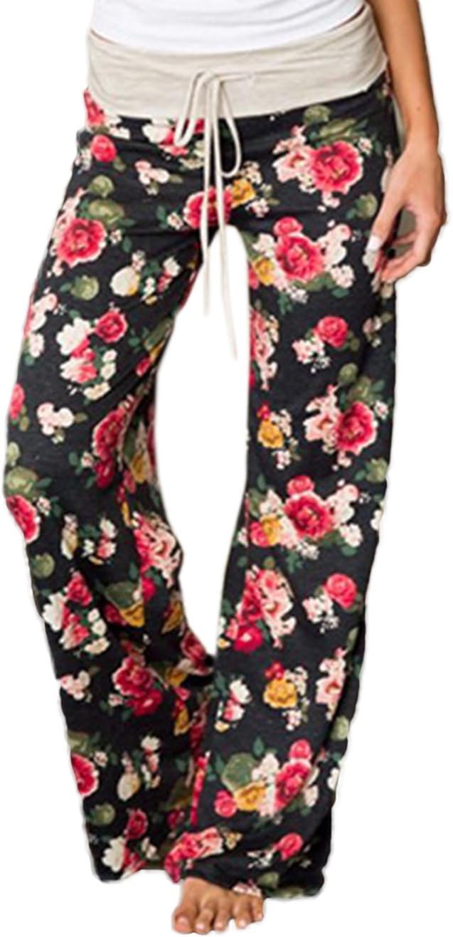 iChunhua Women's Comfy Stretch Floral Print Drawstring Palazzo Wide Leg Lounge Pant