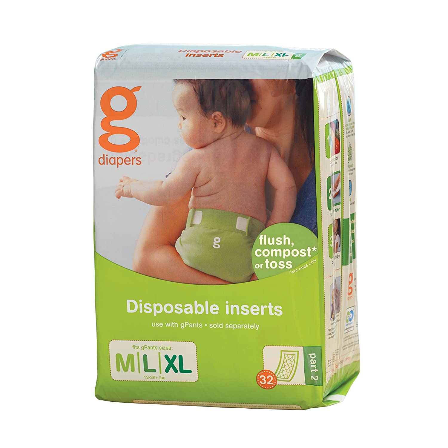 gDiapers Flushable Refills - (M - XL) size, (5-16+) kgs, (13-36+) lbs, 32 Count