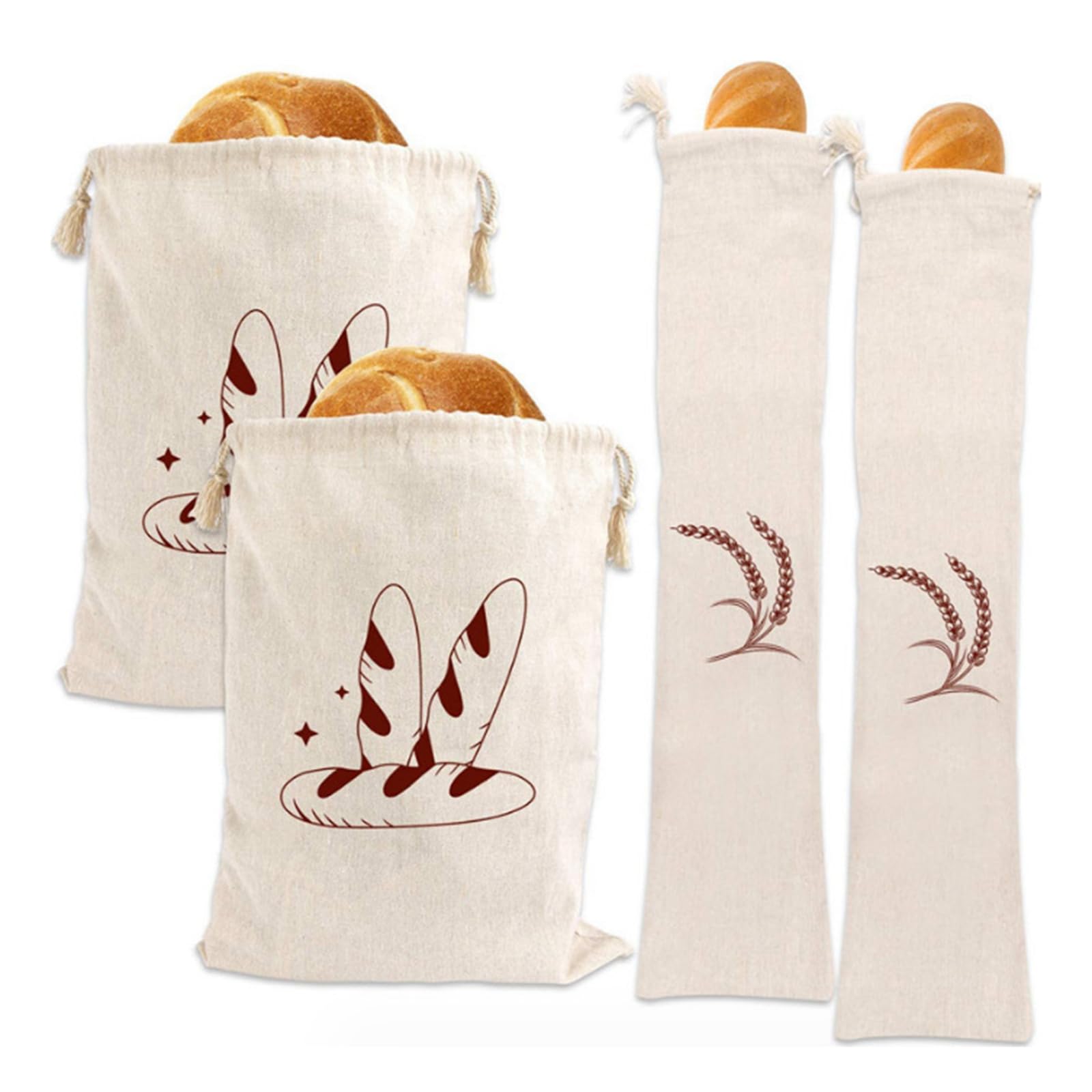AIWMQYYF Reusable Linen Bread Bags, 4pcs Eco-friendly Machine Washable, Off-White Rectangular & Square Bags for Shopping, Kitchen, Restaurant, Camping