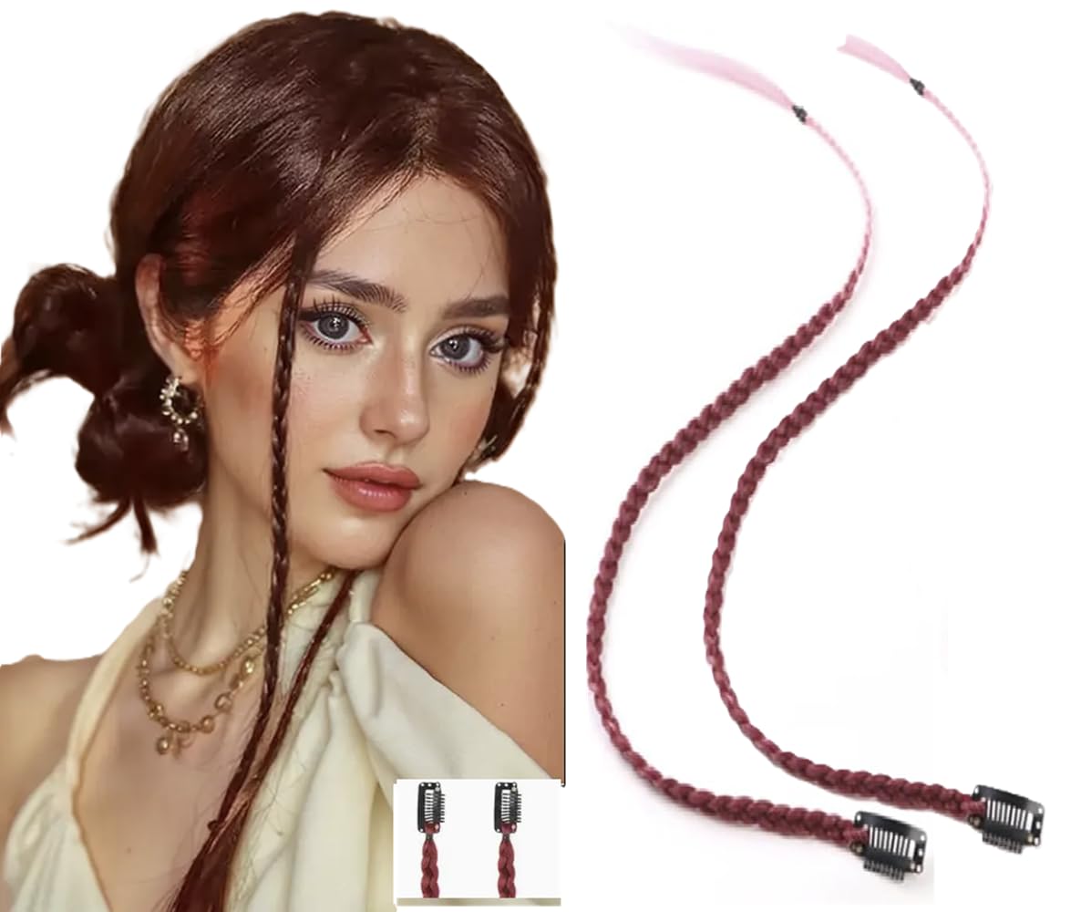 2 x Clip-In Hair Extension Highlights Streaks, Colourful Hair Highlights (Braid - Burgundy/Pink) — image 1