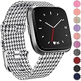 Maledan Replacement for Fitbit Versa Bands, Canvas Strap with Stainless Steel Clasp Accessories Replacement Wristbands for Versa/Lite/SE, Women Men, Small, Black/White Plaid