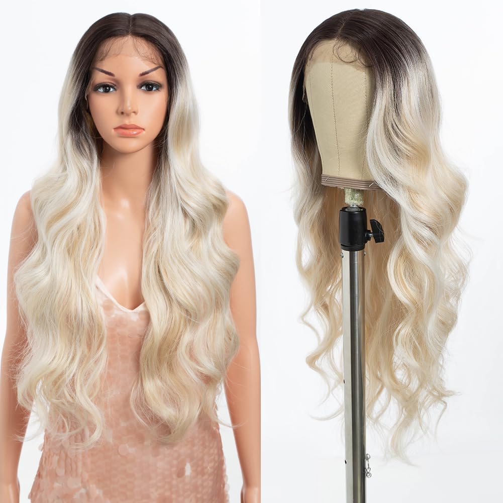 Style Icon Long Ombre White Blonde Wigs for Women 28 inch Long Wavy Middle Part Wig Ombre Blonde Wigs Synthetic Heat Resistant Fiber Daily Party Cosplay Costume Halloween Wig