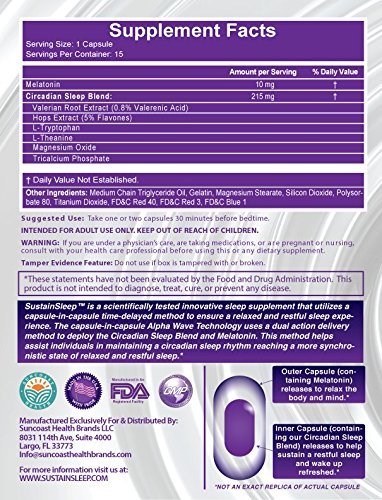 Sleep Aid :: Dual Release Melatonin :: Fast Dissolve Sleeping Capsules with Advanced Alpha Wave Technology for Faster, Deeper Sleep :: Natural, Made in America, 15 Caps, by Sustain Sleep