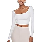 INLYRIC Women's Natrelax Square Neck Long Sleeve Crop Top Sexy Slim Fitted Basic Stretchy T Shirts Tops
