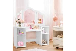 HONEY JOY Kids Vanity, Little Girls Vanity Set with Tri-Folding Mirror, Wooden Princess Makeup Dressing Table, Toddler Vanity, Pretend Play Kids Vanity Table and Chair Set (White)