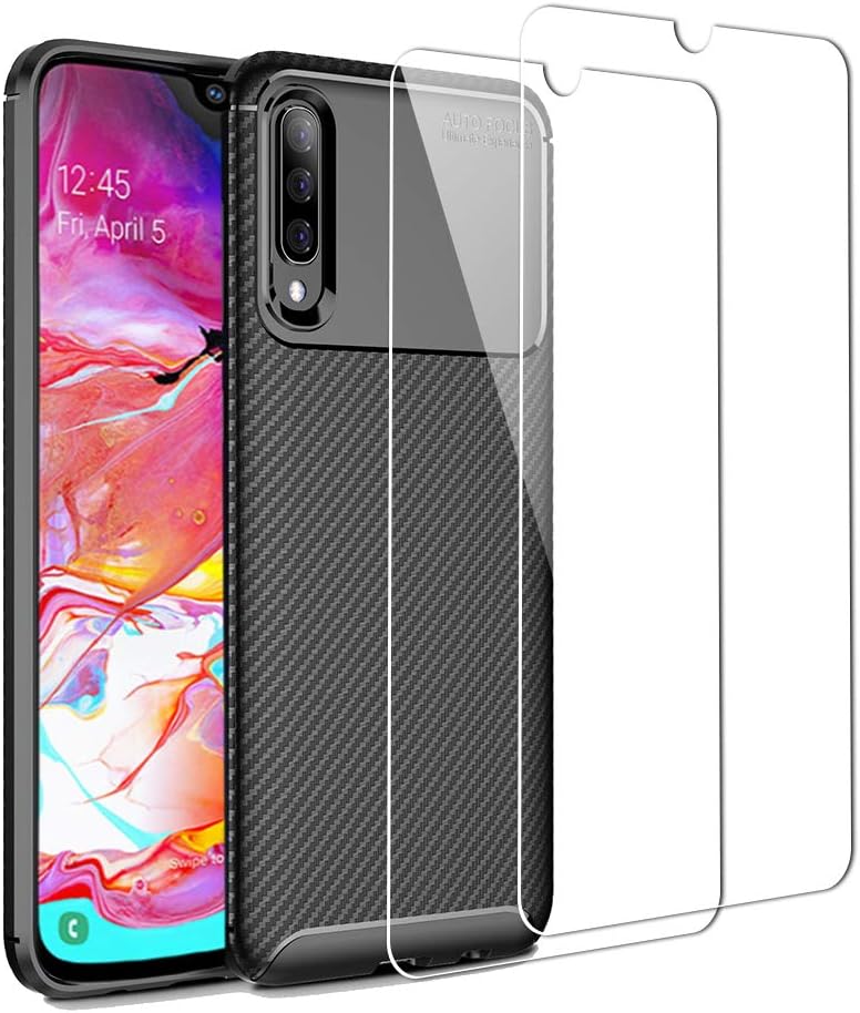 UCMDA Case and Screen Protector for Samsung Galaxy A70, Carbon Fiber [Shockproof] Soft Protective Samsung A70 Case + [2 Packs] 9H Tempered Shatterproof Glass Screen Protector for Samsung A70