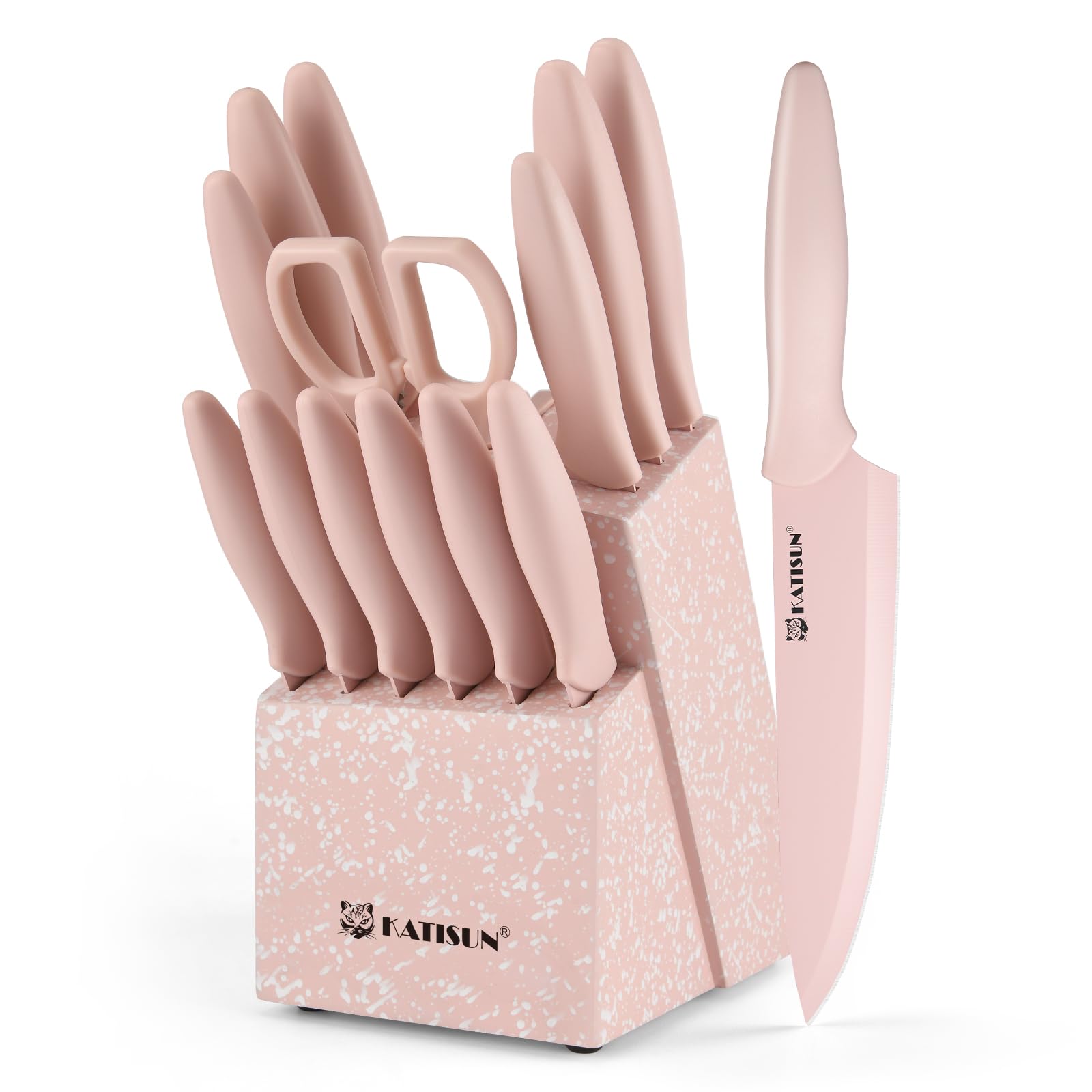 Knife Set, 15 Pieces Knives Sets for Kitchen with Block, Dishwasher Safe Kitchen Knife Set with Built in Sharpener Block, German High Carbon Stainless Steel Knife Block Set with Pink Nonstick Coating Image