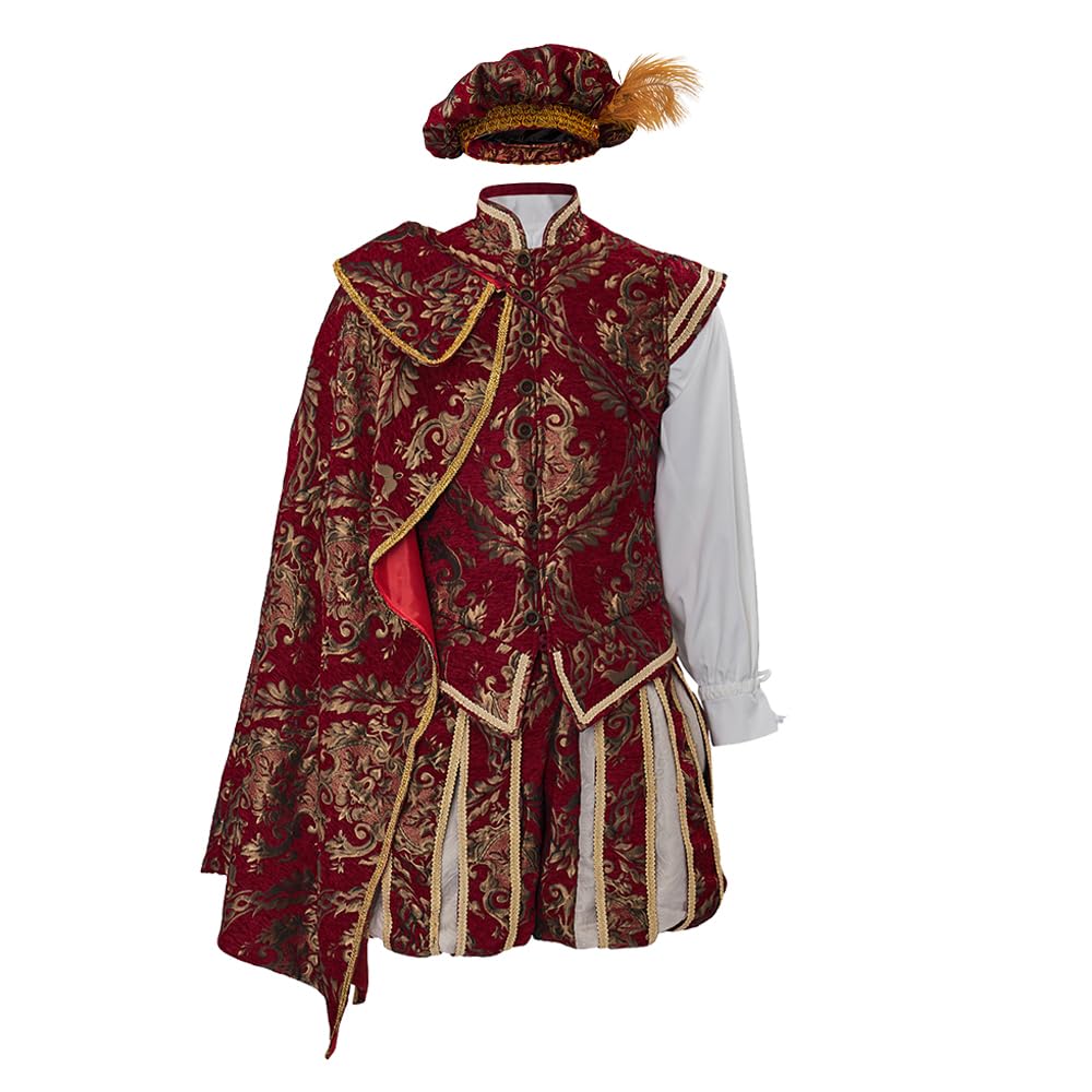 Photo 1 of Willyacos Men's Tudor Elizabethan Period Costume Royal Pince Tudor King Nobleman Costume Vest Pants Hat Cape (Red, L)