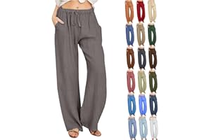 Sdwingk Women's Cotton Linen Palazzo Pants Elastic Waisted Wide Leg Pants with Pockets Summer Beach Trousers Casual Pant