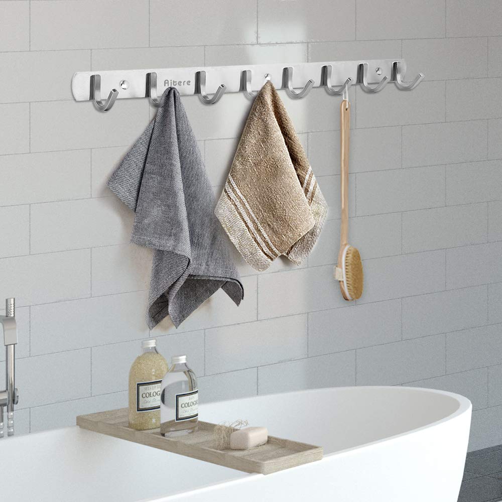 Aitere 8 Hooks Coat Hook Rack Wall Mounted 304 Stainless Steel Hanger Heavy Duty Clothes Hat Holder(Extra a Hook for Free)