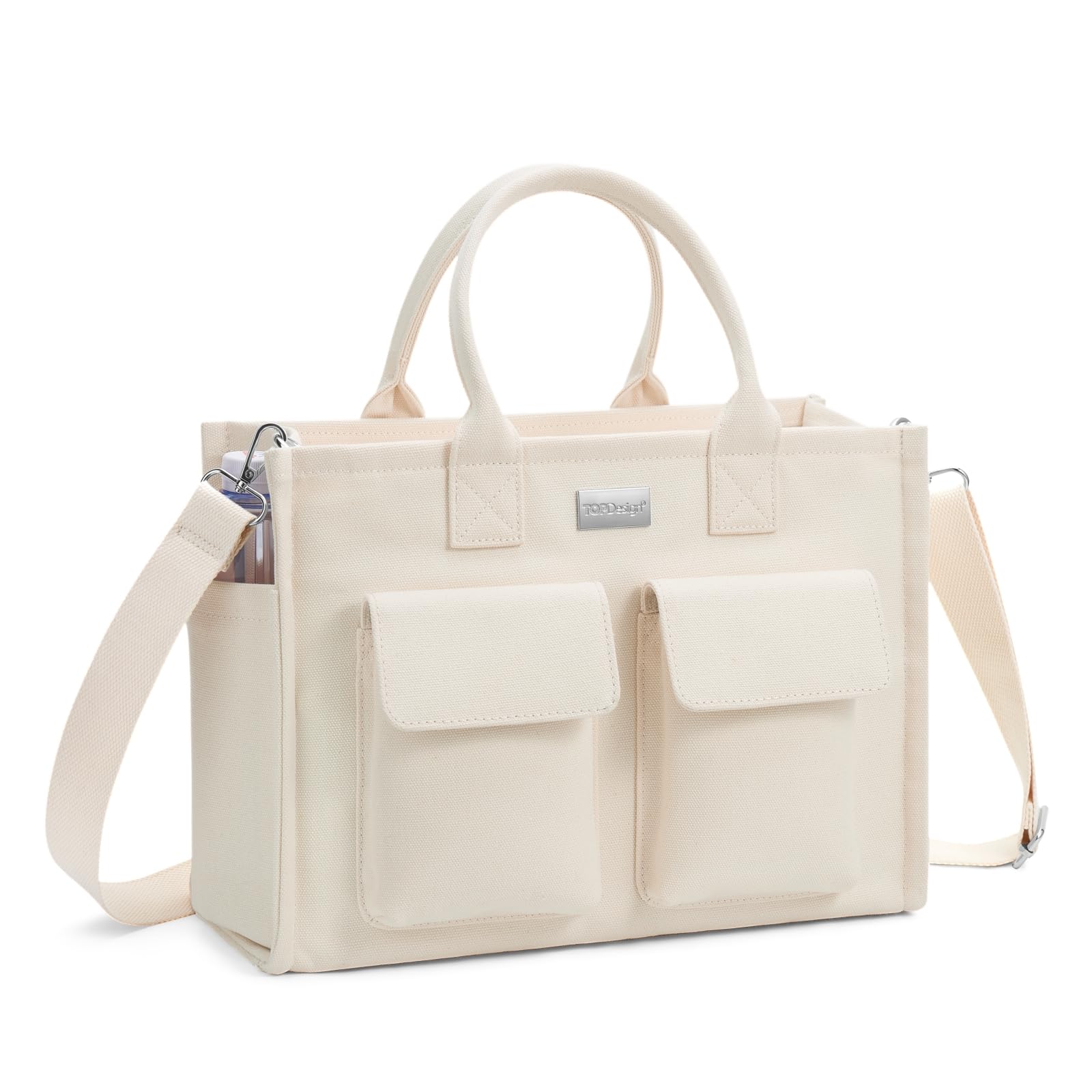 Photo 1 of TOPDesign Heavy-Duty Canvas Tote Bag for Women, Crossbody Handbag with 9 Pockets, for Work, Travel (Beige)