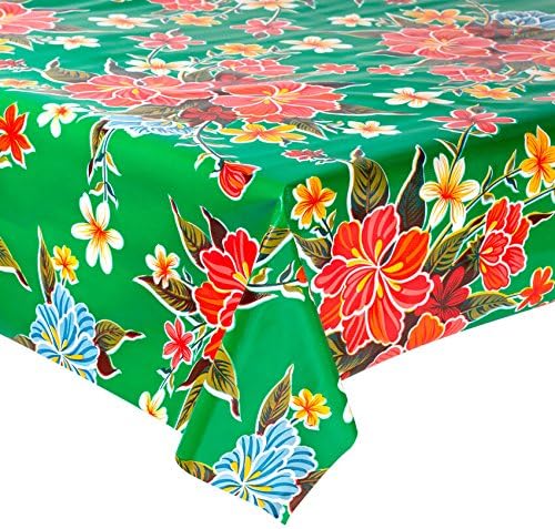 Mexican Floral Oilcloth Table Cover (120 cm Width - Long by half Meters) Model Flower Hibiscus Green