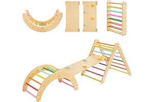 Beright 5 In1 Pikler Triangle Gym, Foldable Climbing Triangle Ladder Toys with Ramp, Indoor Climbing Toys for Kids, Play Gym, Arch Climber, Rocker, Learning Waldorf Children Toy Structure, Rainbow