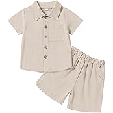 Neutocd Toddler Baby Boy Summer Clothes Cotton Linen Short Sleeve Solid Button Down Shirt Shorts Set Outfits with Pockets