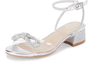 Coutgo Girls Rhinestone Sandals Low Chunky Heels Bow Open Toe Glitter Dress Shoes for Toddler Little Big Kid